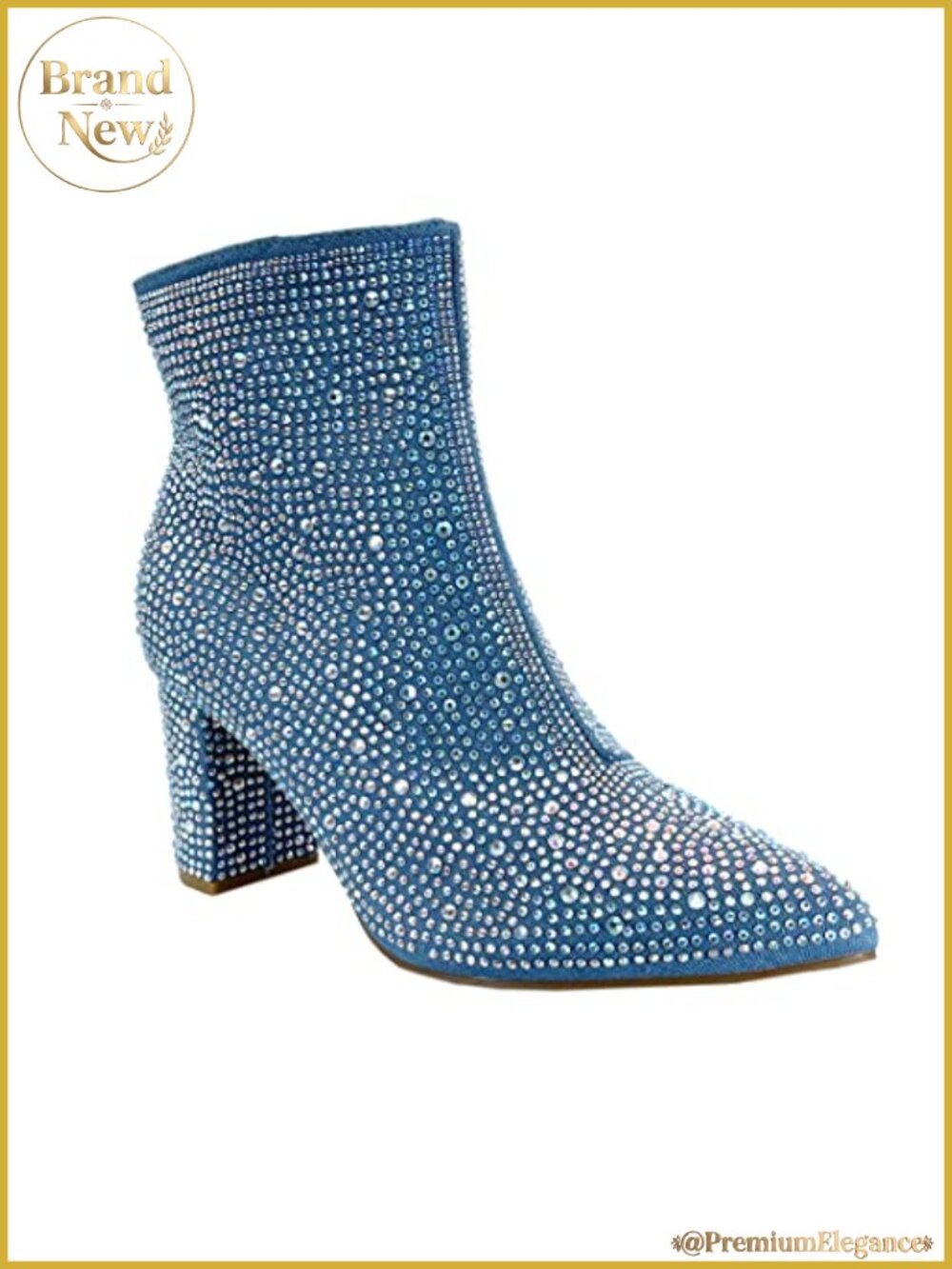 Pointed Toe Rhinestone Block Heel Ankle Booties Denim Zip